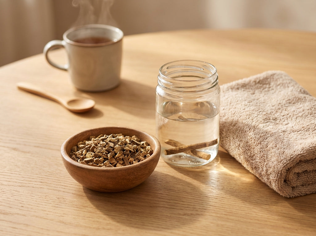 Macération d'éclat avec des bâtons de racine de réglisse Orianza entièrement immergés et de longs morceaux infusant dans un bocal d'eau pure.