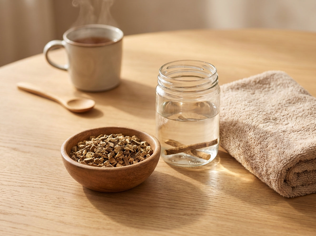 Macération d'éclat avec des bâtons de racine de réglisse Orianza entièrement immergés et de longs morceaux infusant dans un bocal d'eau pure.