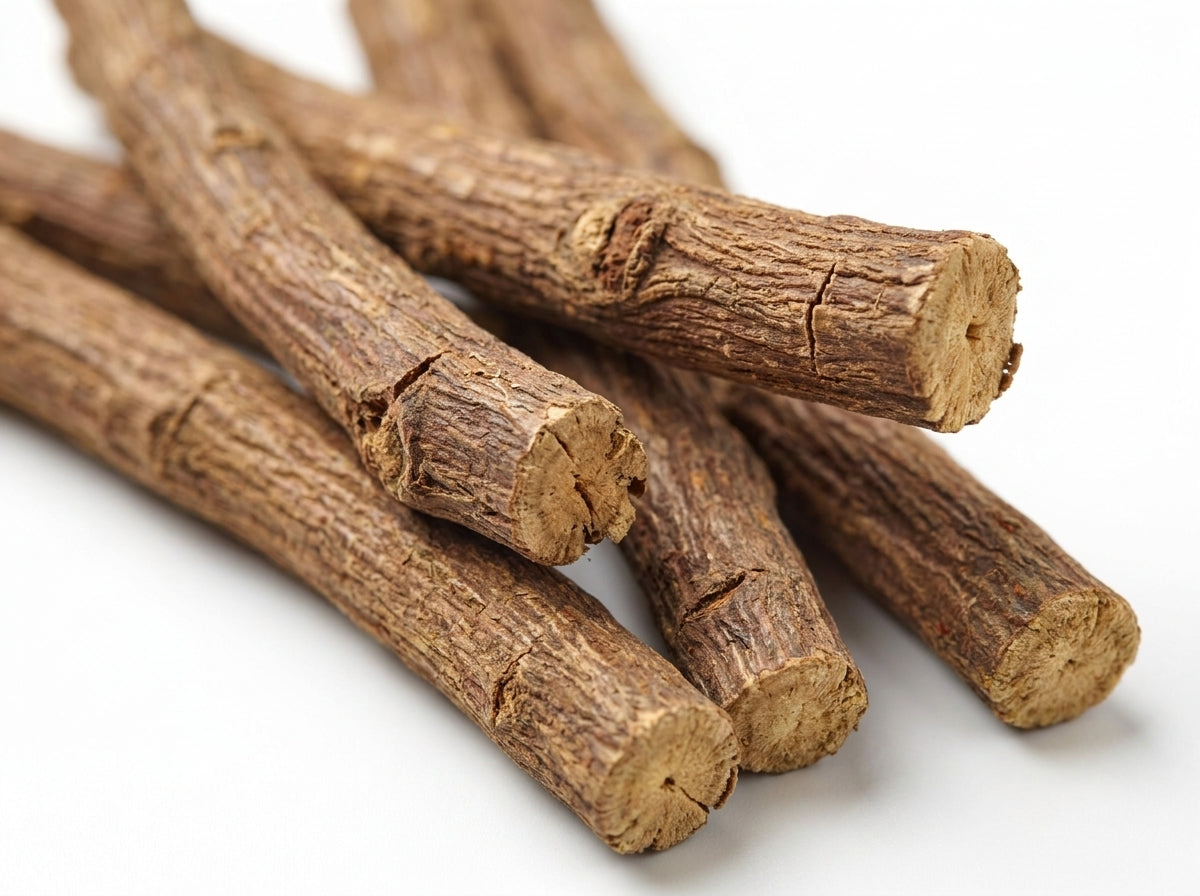 Gros plan macro détaillé sur les fibres et la structure ligneuse authentique des racines de réglisse séchées d'Orianza.