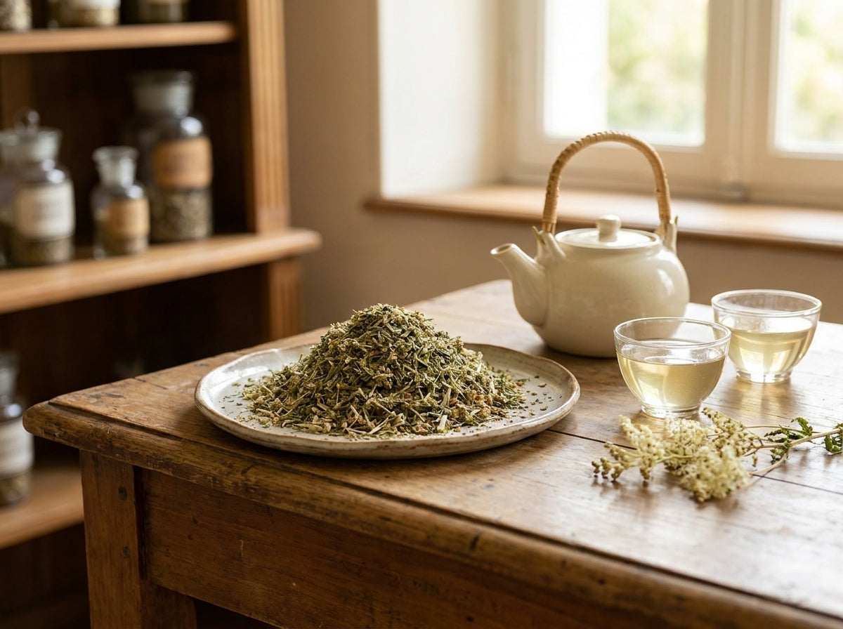 Silhouette affinée et jambes légères près d'une tasse fumante de tisane de reine des prés d'Orianza.