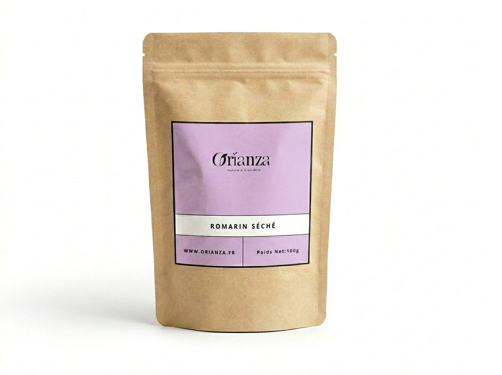 Sachet kraft de Romarin Séché de la marque Orianza, emballage hermétique protégeant les huiles essentielles et l'arôme intense.