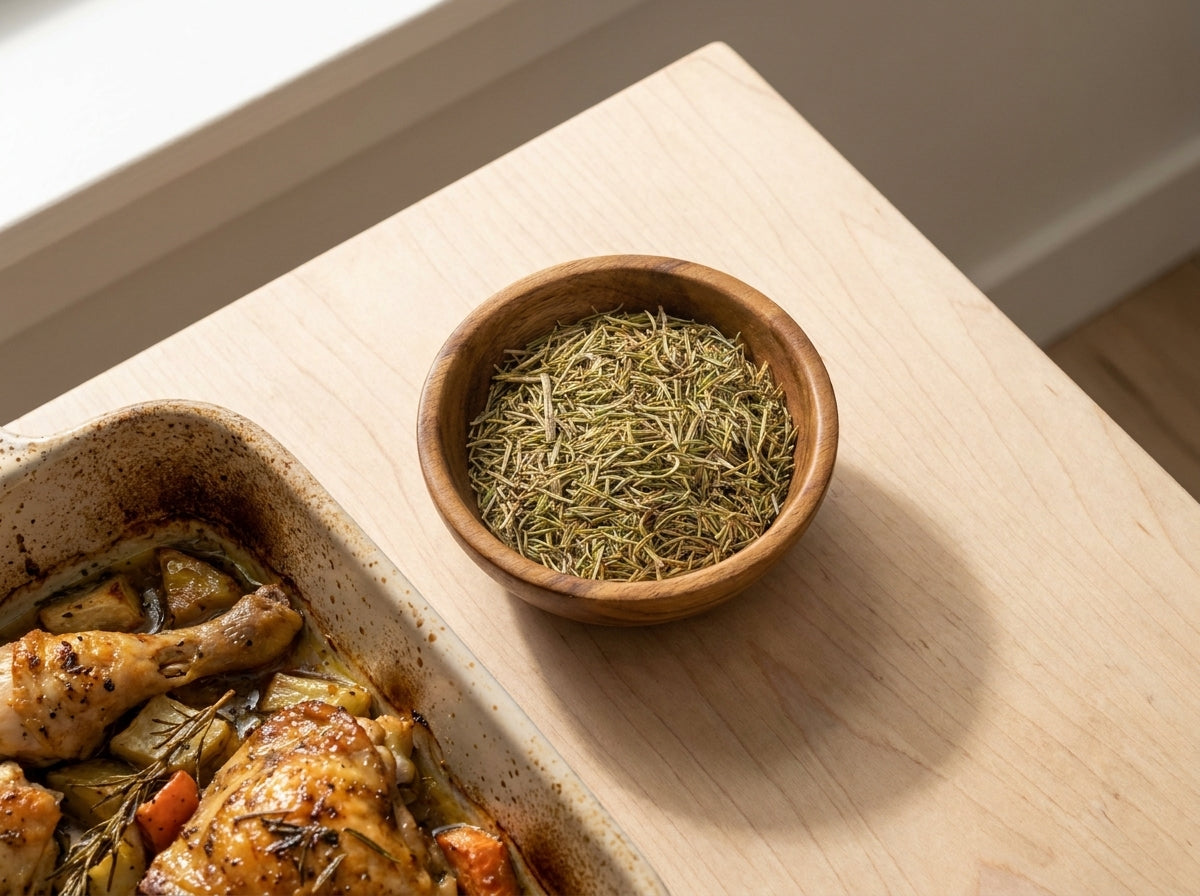 Un authentique tajine marocain de poulet rôti doré et savoureux, dont la marinade est généreusement parsemée de romarin séché Orianza.