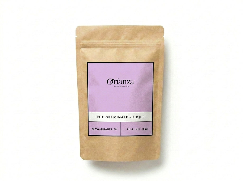 Sachet kraft de Rue Officinale (Fidjel) de la marque Orianza, emballage étanche haute protection préservant la plante.