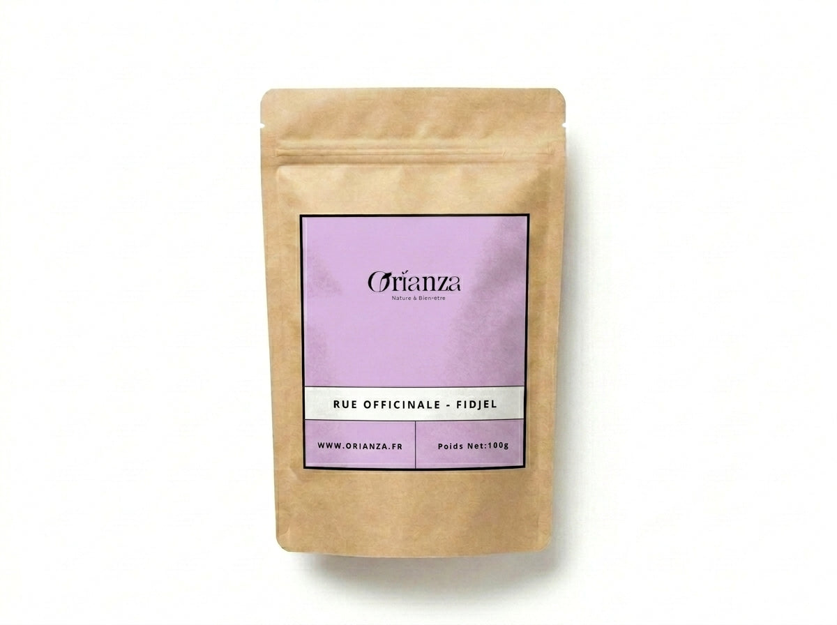 Sachet kraft de Rue Officinale (Fidjel) de la marque Orianza, emballage étanche haute protection préservant la plante.