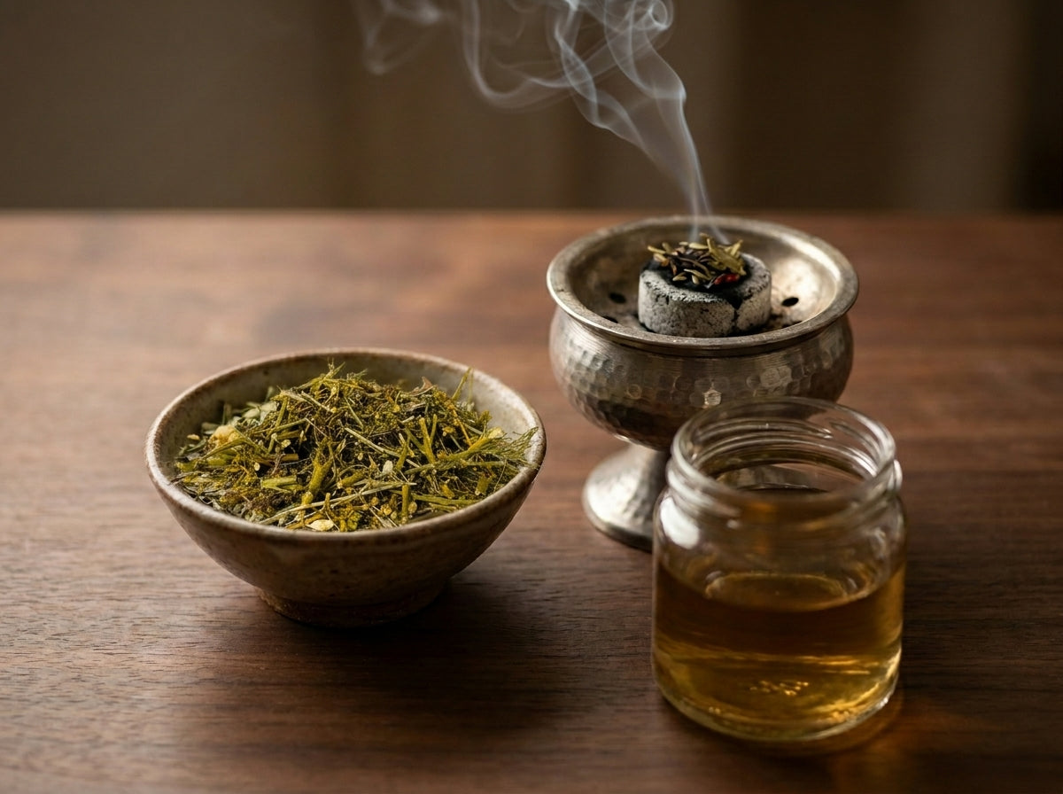 Rituel de protection avec un sachet de Fidjel Orianza, un verre d'eau où infuse la plante et un encensoir fumant sur charbon.