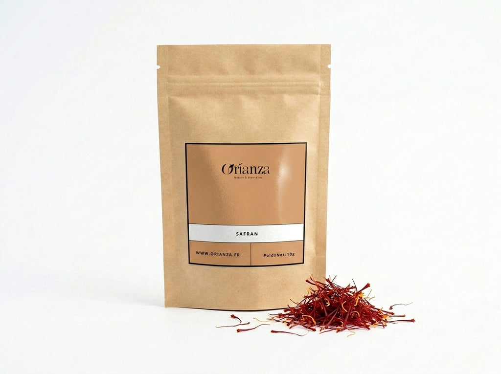 Sachet en papier kraft Orianza avec des filaments de safran pur éparpillés