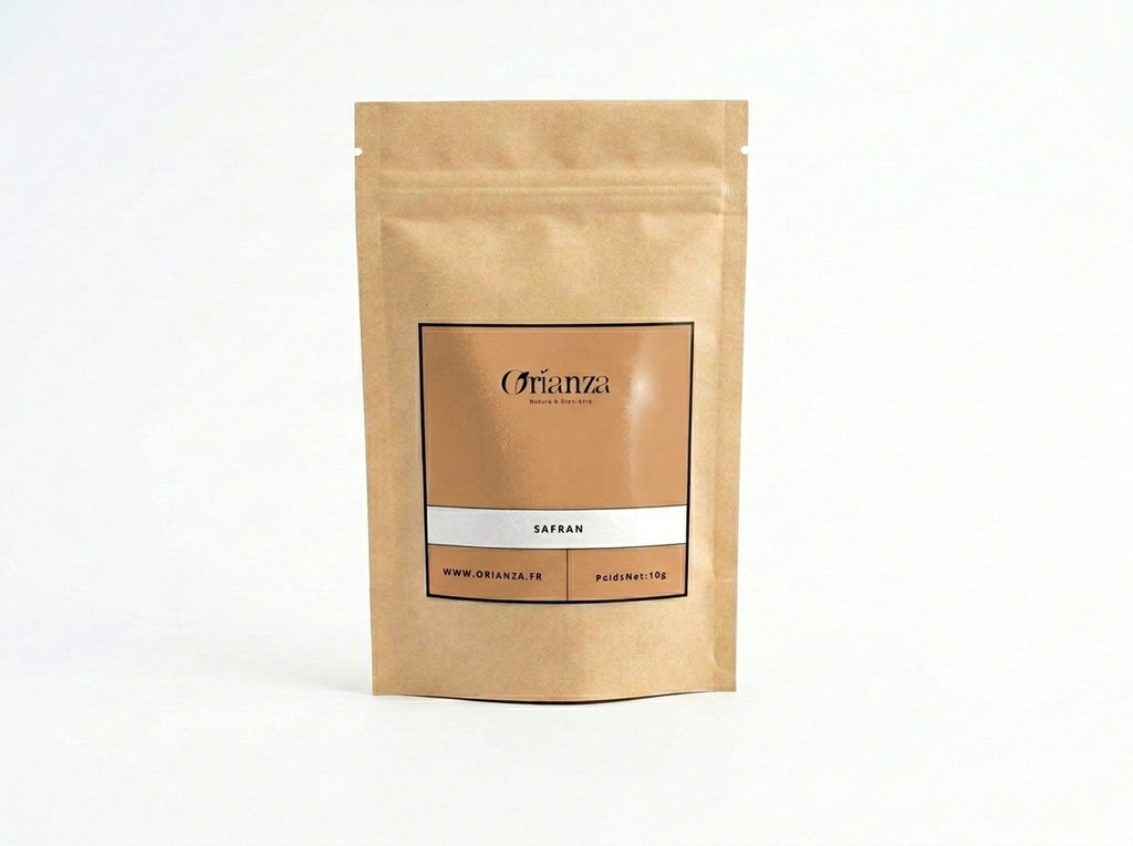 Sachet en papier kraft Orianza avec des filaments de safran pur éparpillés