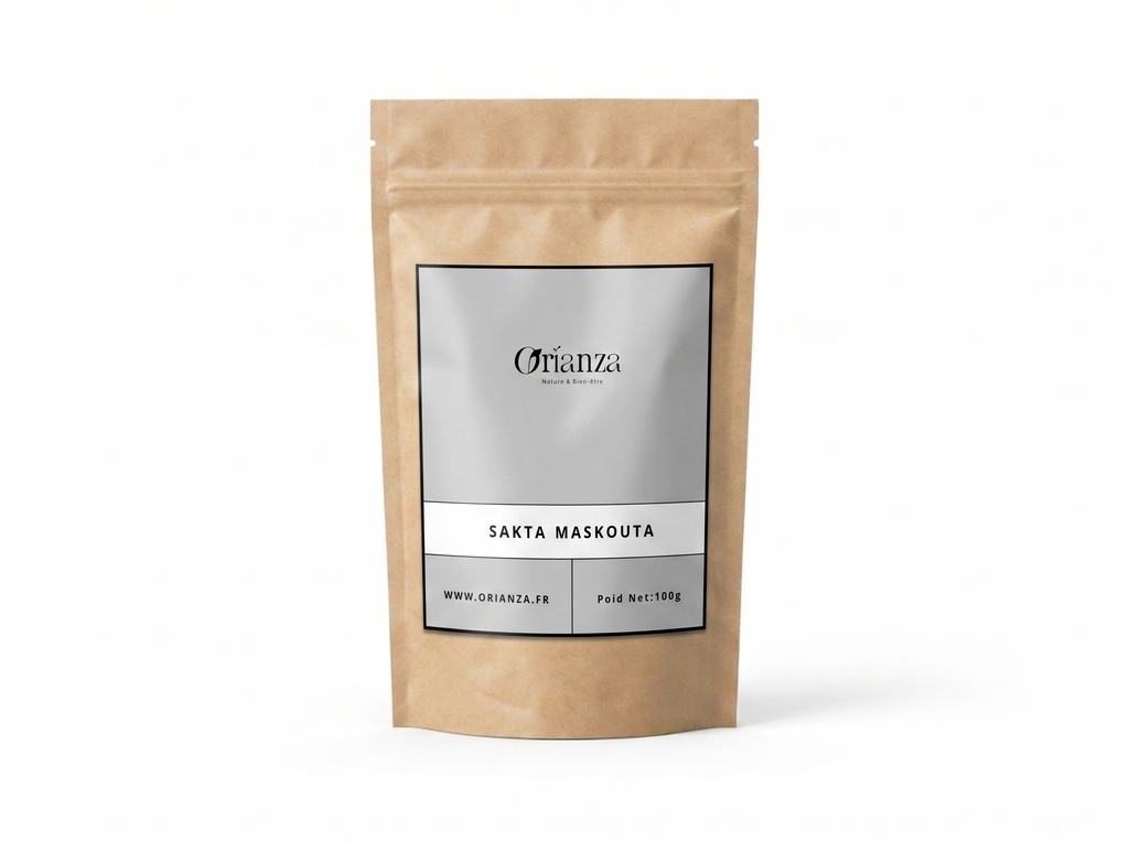 Sachet kraft de Sakta Maskouta de la marque Orianza, emballage hermétique de haute protection préservant la force des plantes.