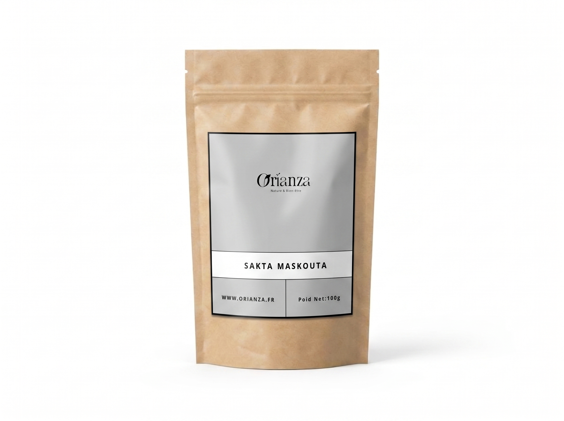 Sachet kraft de Sakta Maskouta de la marque Orianza, emballage hermétique de haute protection préservant la force des plantes.