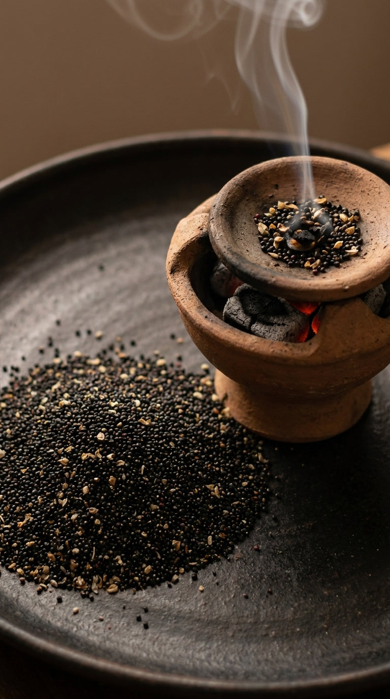 Rituel de purification de l'habitat avec le sachet de Sakta Maskouta Orianza posé à côté d'une magnifique encensoir fumant sur charbon.