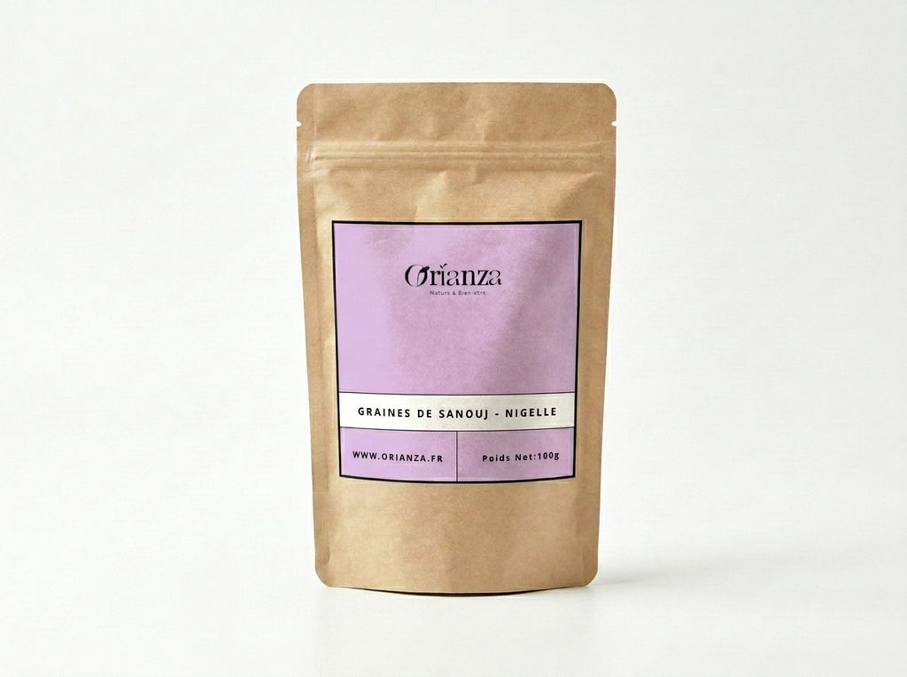Sachet d'apothicaire en kraft de Graines de Sanouj Orianza Selection, nigelle fine naturelle pour digestion.