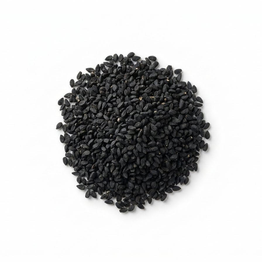 Gros plan herboriste sur la pureté irréprochable et la couleur noire intense des graines de nigelle fine.