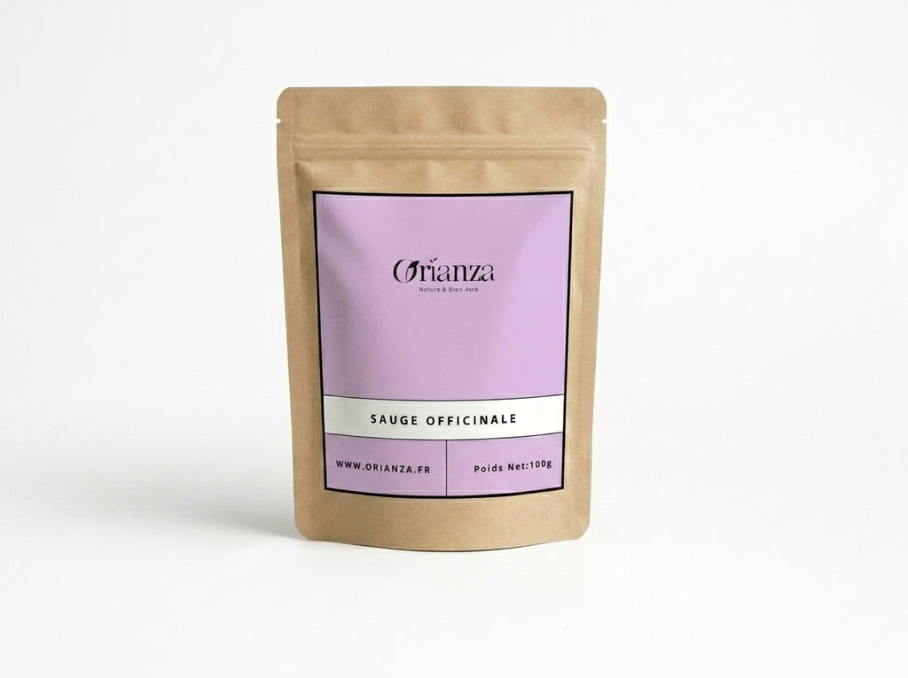 Sachet kraft de Sauge Officinale (Salmia) de la marque Orianza, emballage hermétique protégeant les actifs et le parfum camphré.