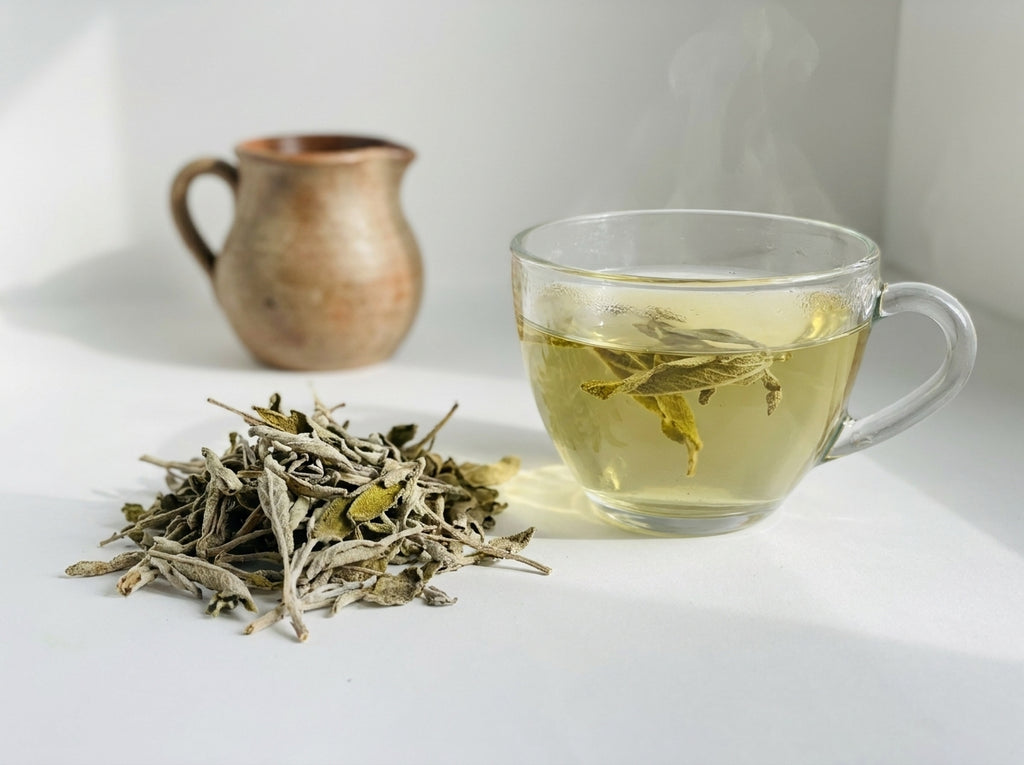 Préparation d'une infusion de Sauge Salmia Orianza présentée à côté d'un authentique pichet à thé en terre cuite et sa tasse assortie.
