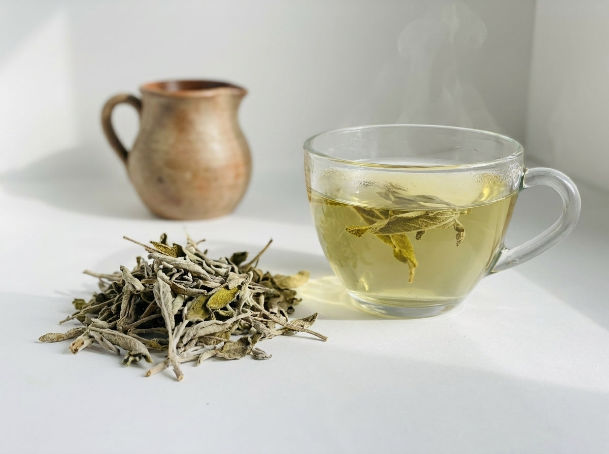 Préparation d'une infusion de Sauge Salmia Orianza présentée à côté d'un authentique pichet à thé en terre cuite et sa tasse assortie.