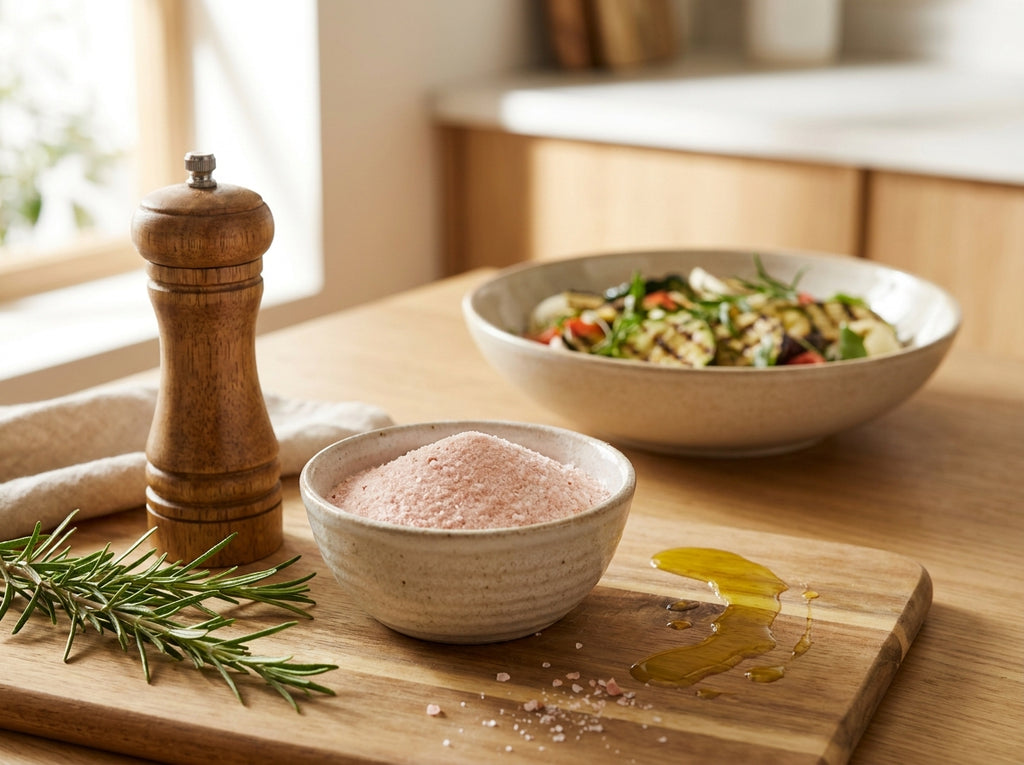 Assiette de salade fraîche rehaussée d'une pincée de sel rose Orianza