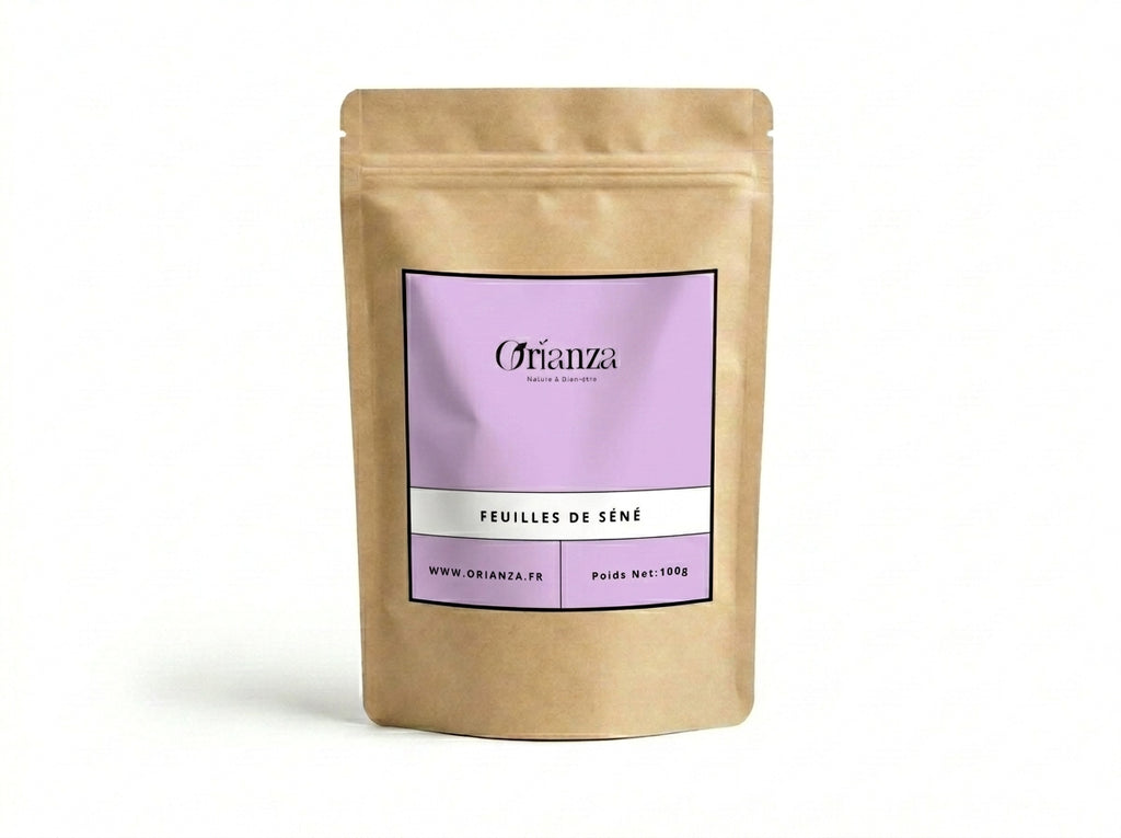 Sachet kraft de Feuilles de Séné (Sana Makki) de la marque Orianza, emballage hermétique protégeant la qualité de la plante.