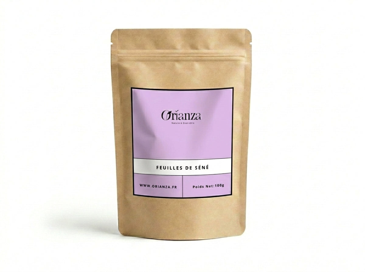 Sachet kraft de Feuilles de Séné (Sana Makki) de la marque Orianza, emballage hermétique protégeant la qualité de la plante.