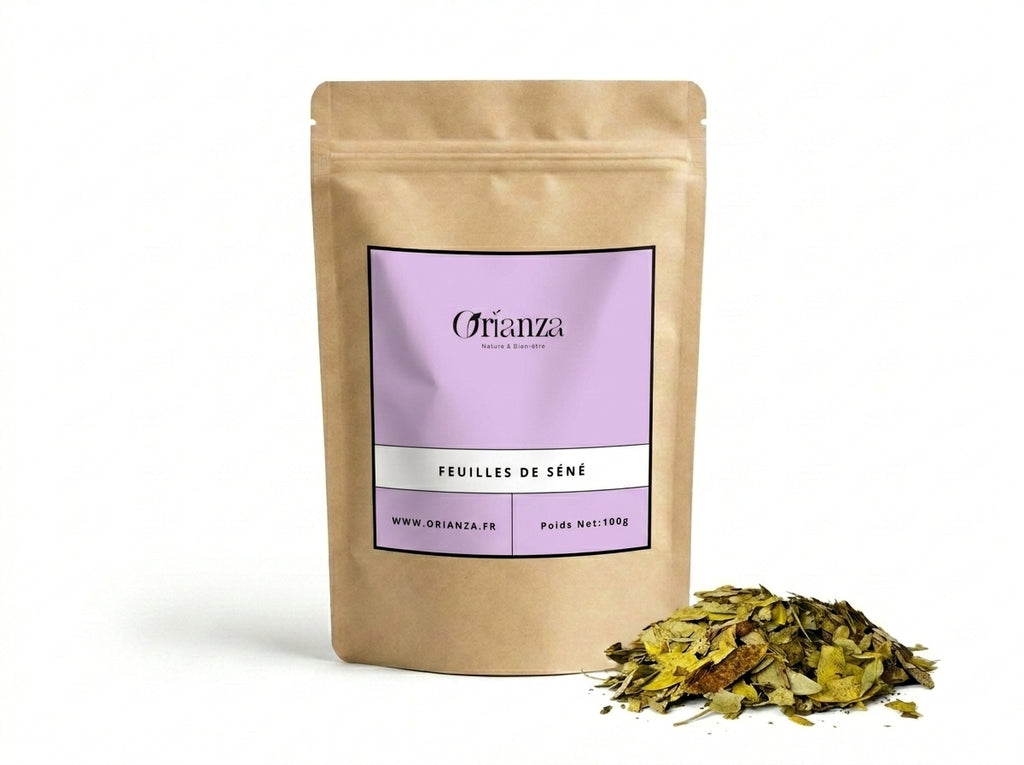 Sachet d'apothicaire en kraft de Feuilles de Séné Orianza Selection, Sana Makki naturel pour transit avec quelques feuilles à côté.
