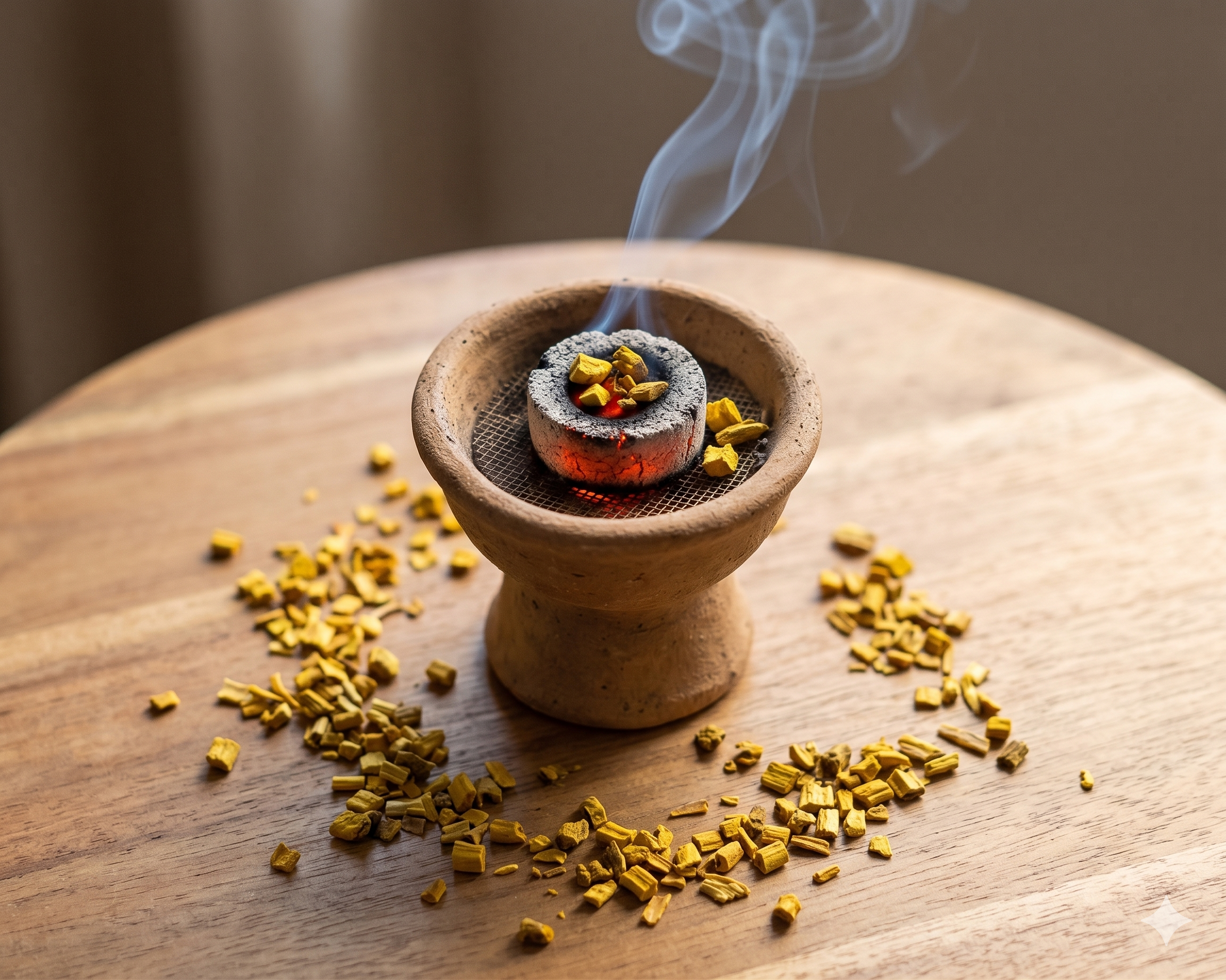 Rituel de parfumage festif de l'habitat avec le sachet de Serghina Colorée Orianza posé à côté d'une magnifique encensoir traditionnel fumant.