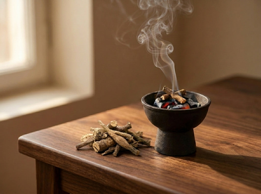 Rituel de parfumage traditionnel avec les racines de Serghina brute Orianza se consumant doucement sur un charbon dans une magnifique encensoir.