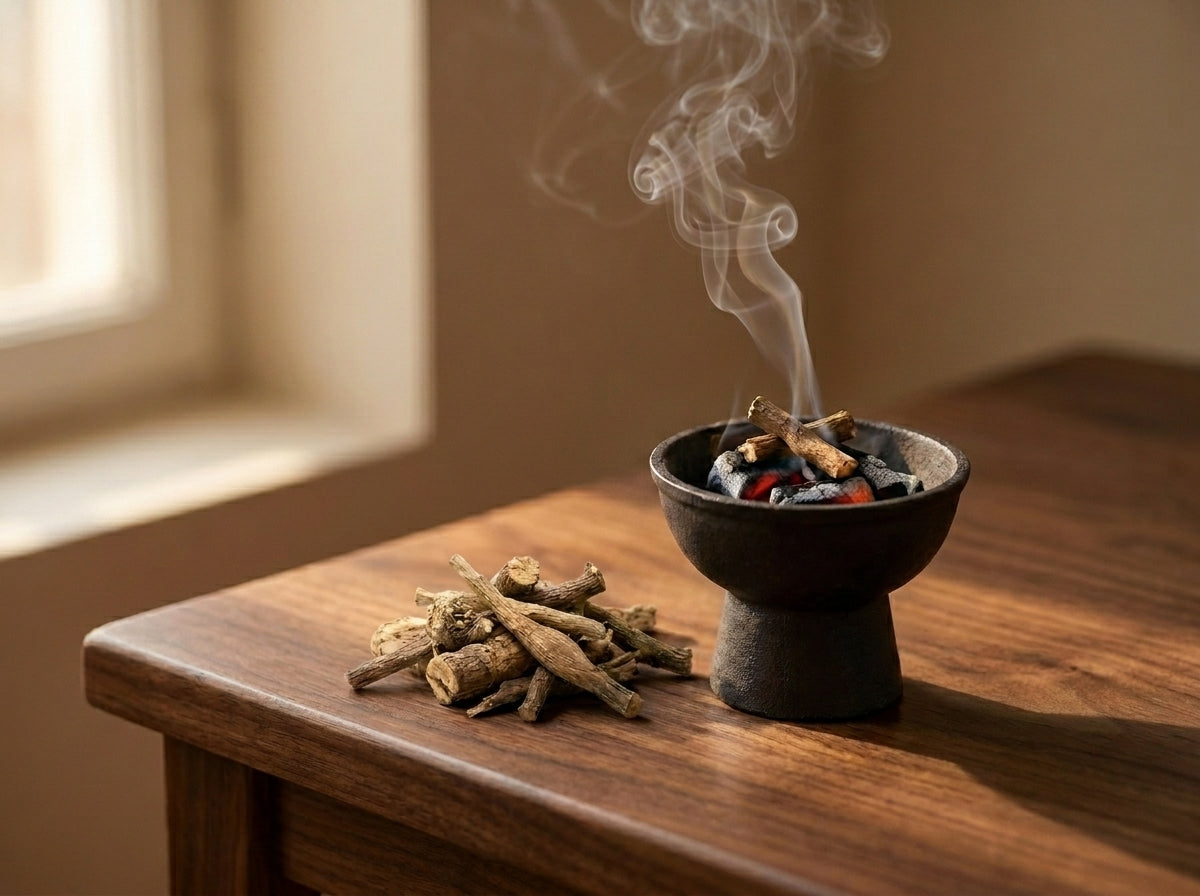 Rituel de parfumage traditionnel avec les racines de Serghina brute Orianza se consumant doucement sur un charbon dans une magnifique encensoir.