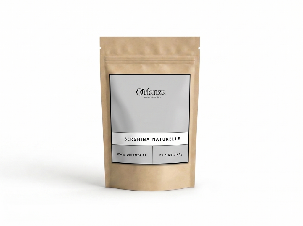 Sachet kraft de Serghina Naturelle de la marque Orianza, emballage hermétique protégeant l'essence boisée et terreuse de la plante.