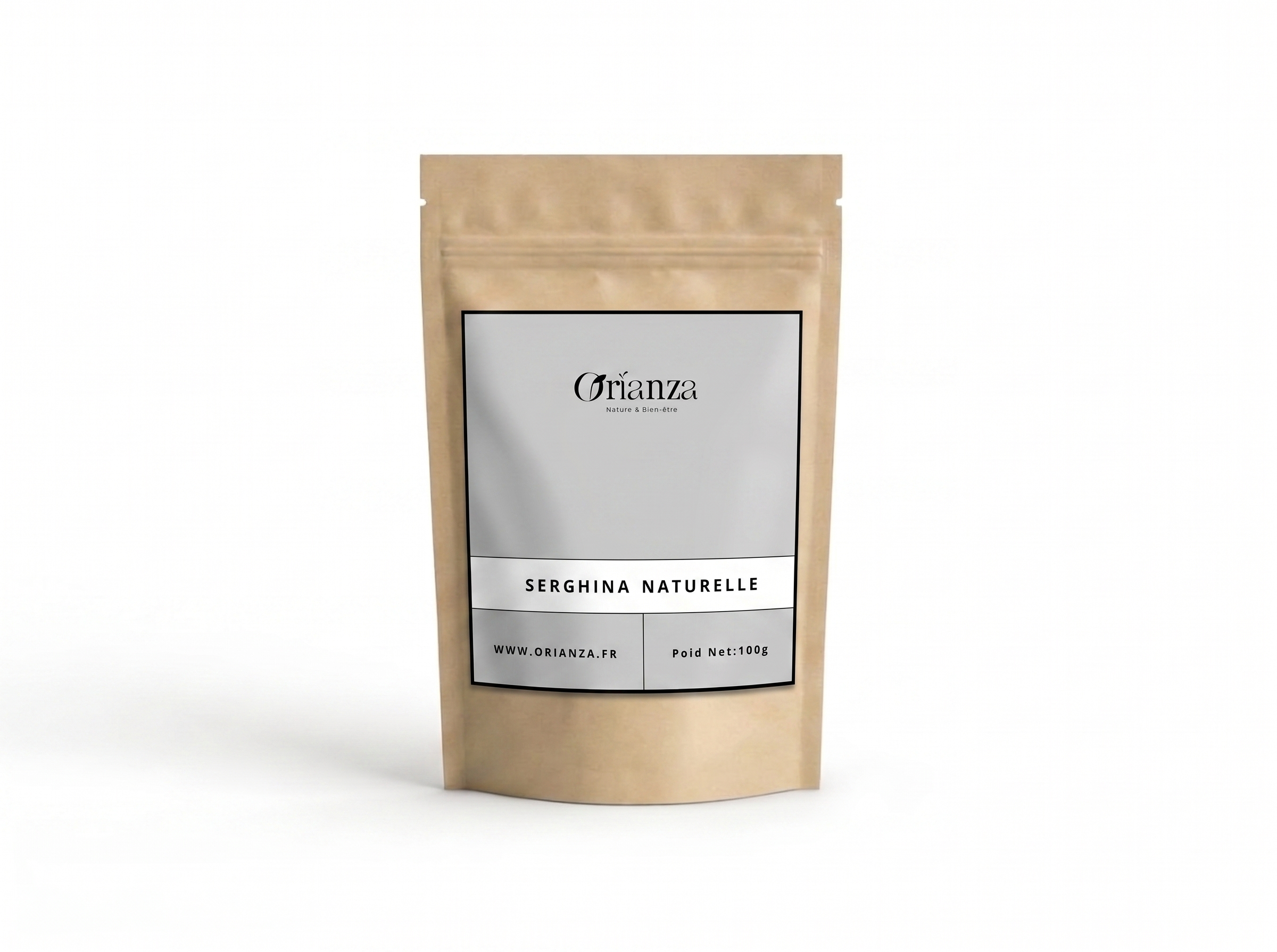 Sachet kraft de Serghina Naturelle de la marque Orianza, emballage hermétique protégeant l'essence boisée et terreuse de la plante.