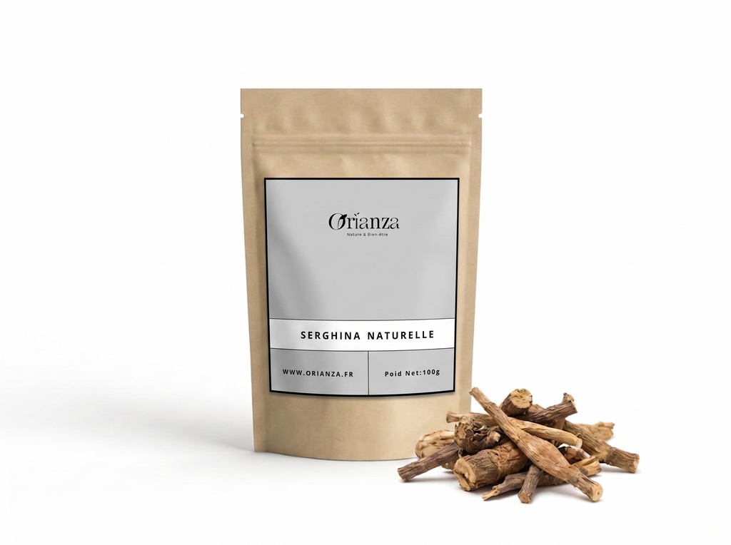 Sachet d'apothicaire en kraft de Serghina Naturelle Orianza Selection, racines brutes pour encens avec quelques tiges à côté.