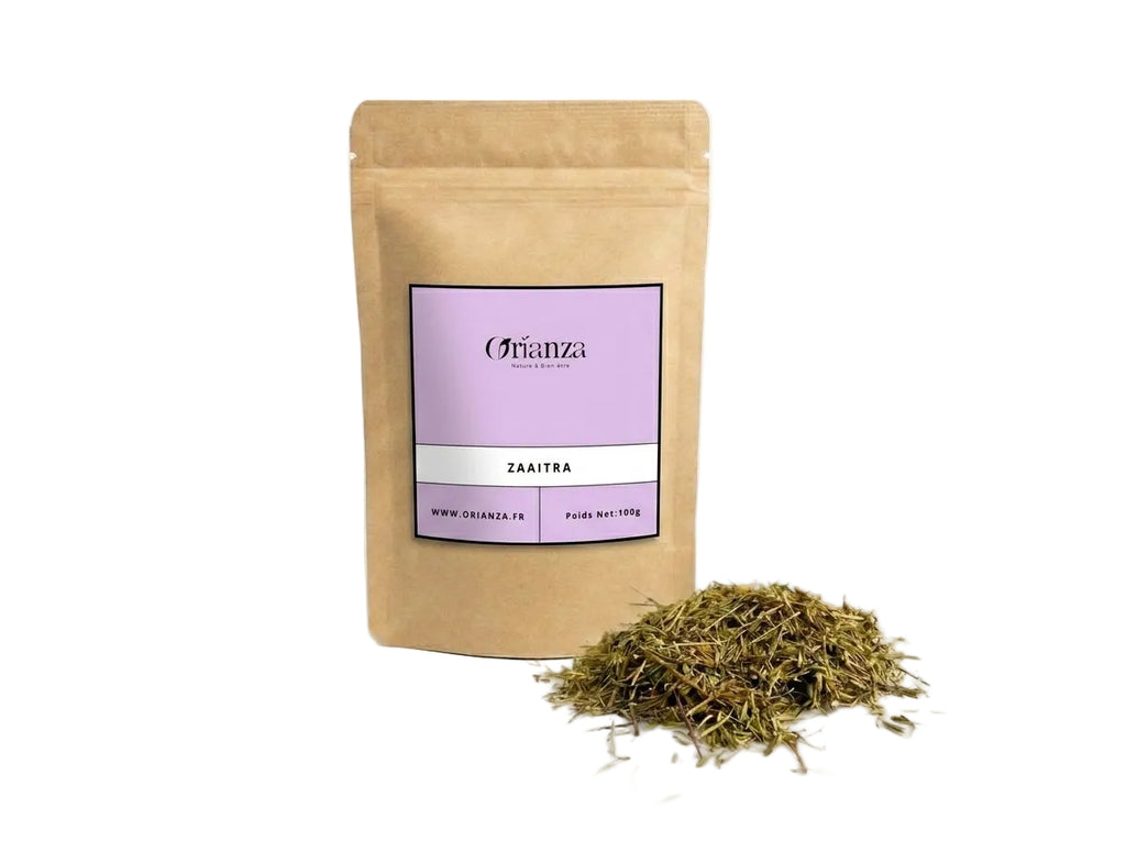 Sachet d'apothicaire en kraft de Serpolet Sauvage Orianza Selection, Zaaitra pur avec quelques branches séchées à côté.