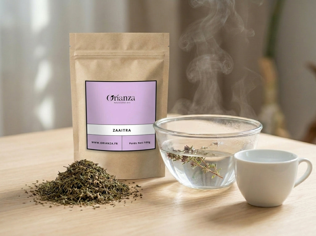 Scène de vie avec un sachet de Serpolet Orianza, un récipient d'eau chaude infusant la plante et un tasse de thé fumante.