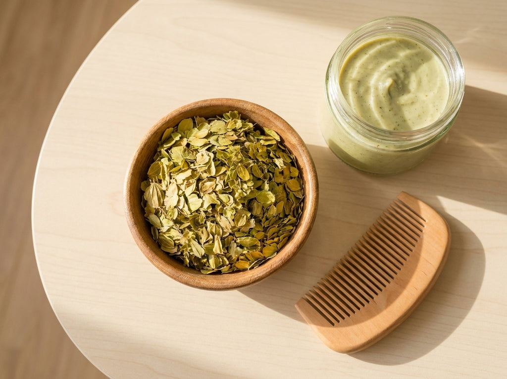 Rituel de beauté naturelle avec un sachet de Feuilles de Sidr Orianza posé à côté d'un peigne traditionnel en bois (مشط).