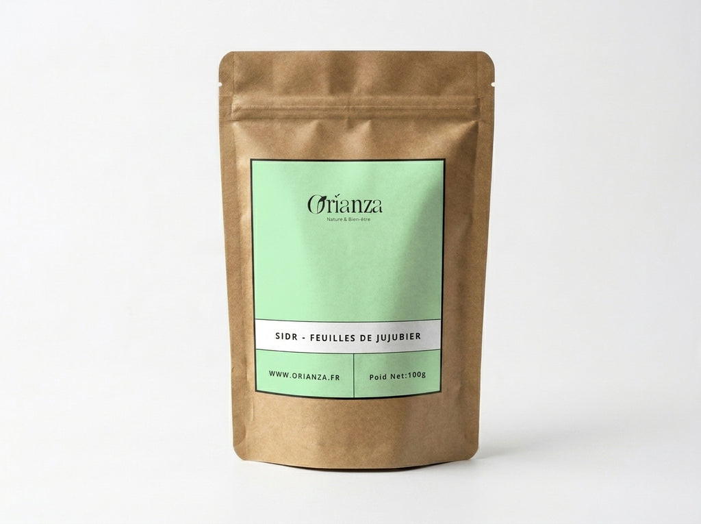 Sachet kraft de Feuilles de Sidr (Jujubier) de la marque Orianza, emballage hermétique protégeant les saponines naturelles.
