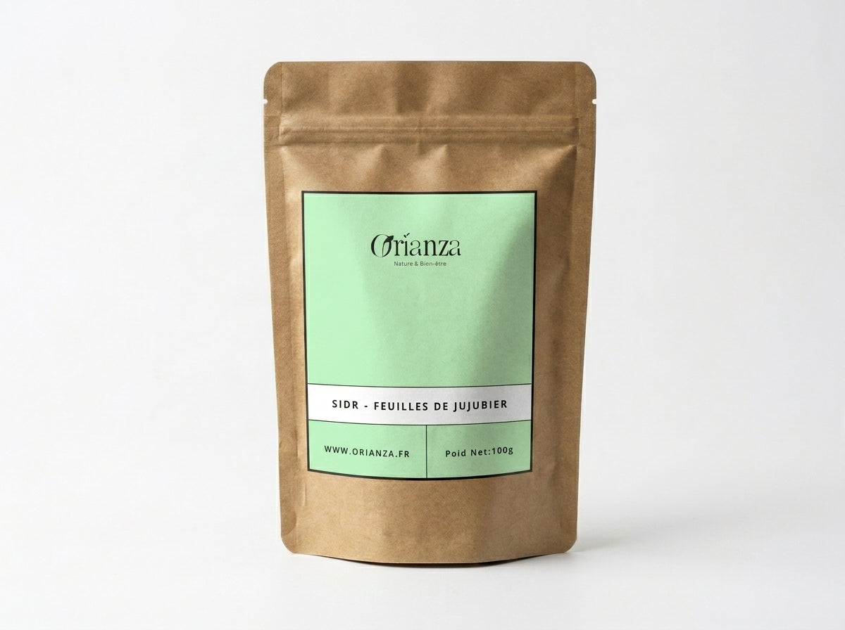 Sachet kraft de Feuilles de Sidr (Jujubier) de la marque Orianza, emballage hermétique protégeant les saponines naturelles.