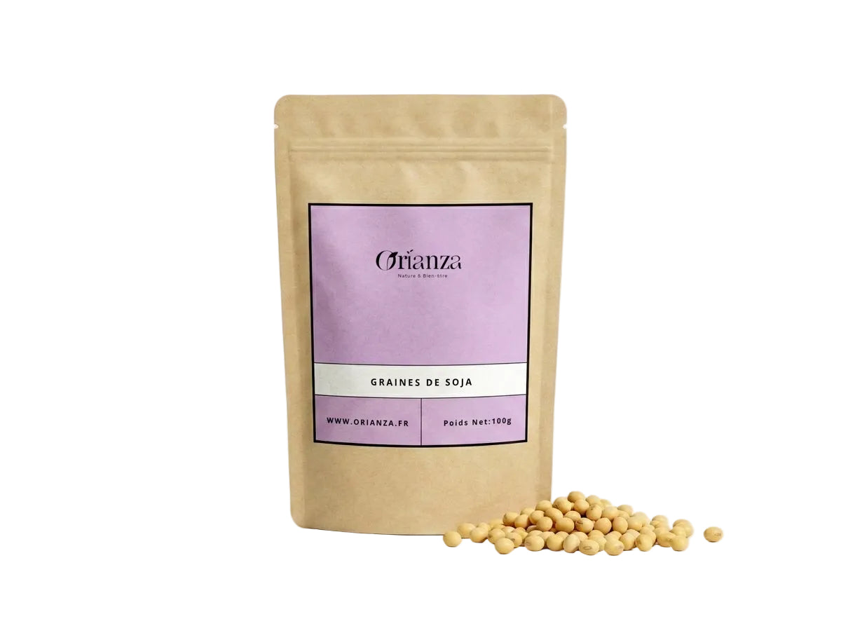 Sachet d'apothicaire en kraft de Graines de Soja Jaune Orianza Selection, super-aliment riche en protéines végétales.
