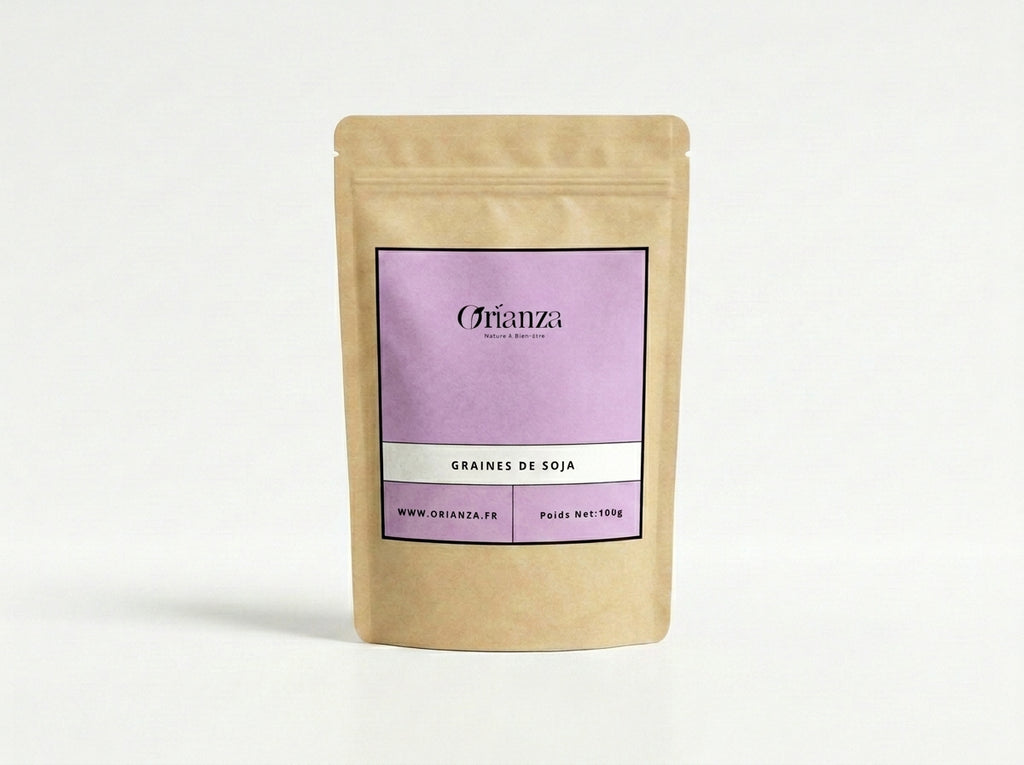 Sachet d'apothicaire en kraft de Graines de Soja Jaune Orianza Selection, super-aliment riche en protéines végétales.