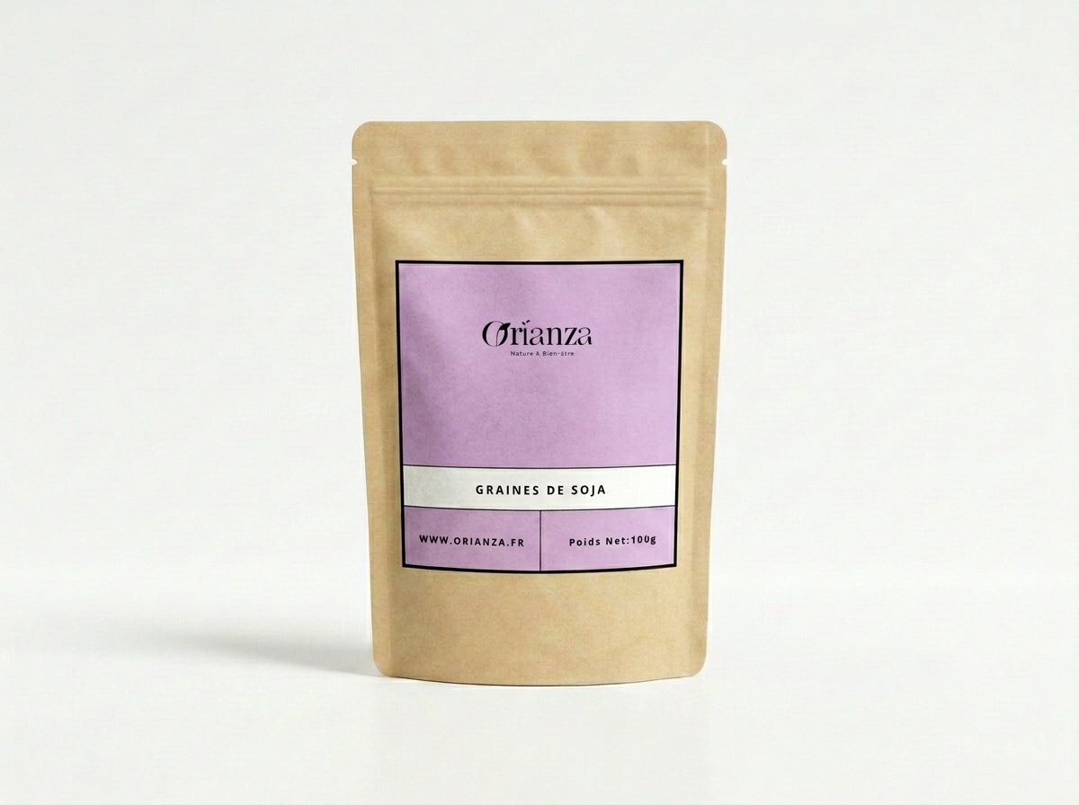 Sachet d'apothicaire en kraft de Graines de Soja Jaune Orianza Selection, super-aliment riche en protéines végétales.