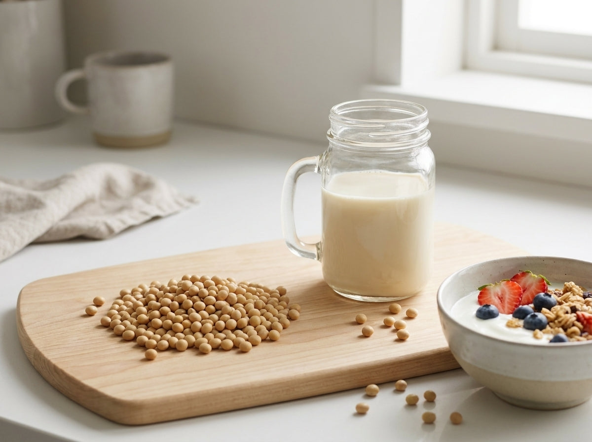 Préparation artisanale de lait de soja fait maison à partir de graines de soja jaune purifié d'Orianza.
