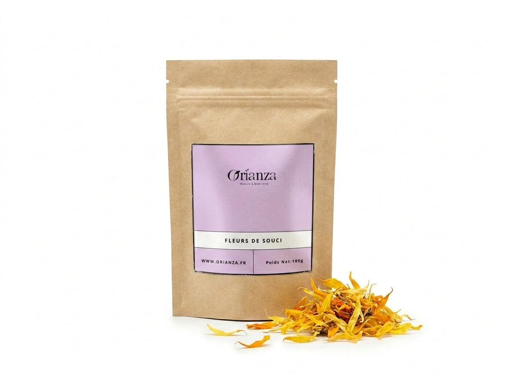 Sachet d'apothicaire transparent de Fleurs de Souci Calendula Orianza Selection, pétales entiers d'un orange éclatant.