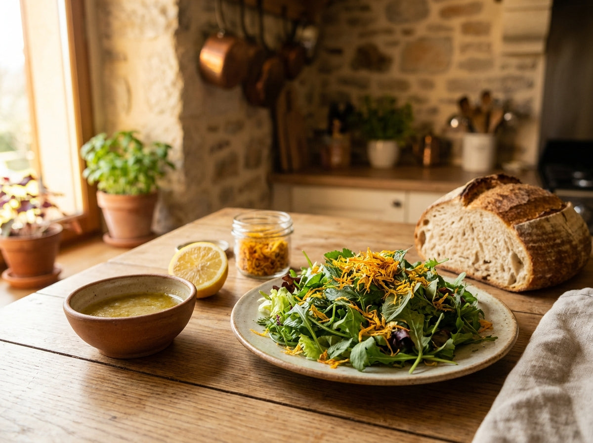 Assiette de salade fraîche décorée de pétales de souci comestibles Orianza