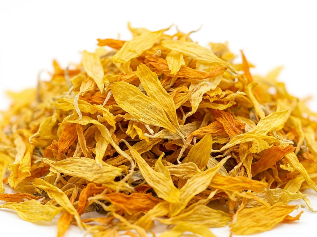 Gros plan sur les pétales de souci séchés de qualité herboriste, riches en flavonoïdes actifs anti-inflammatoires.