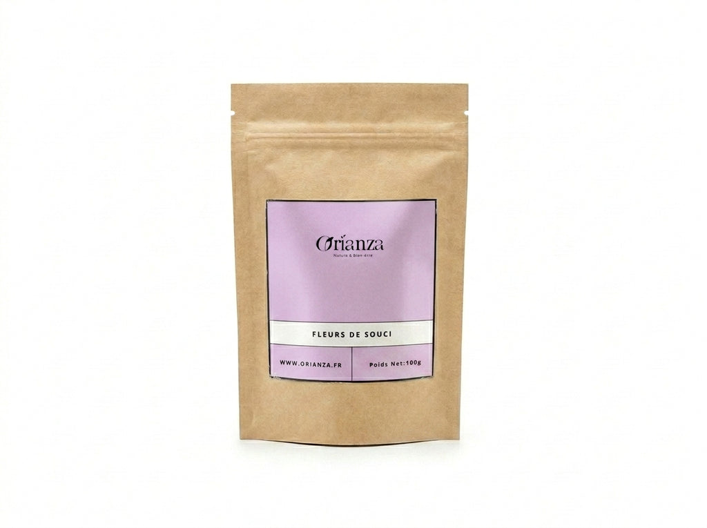 Sachet d'apothicaire transparent de Fleurs de Souci Calendula Orianza Selection, pétales entiers d'un orange éclatant.