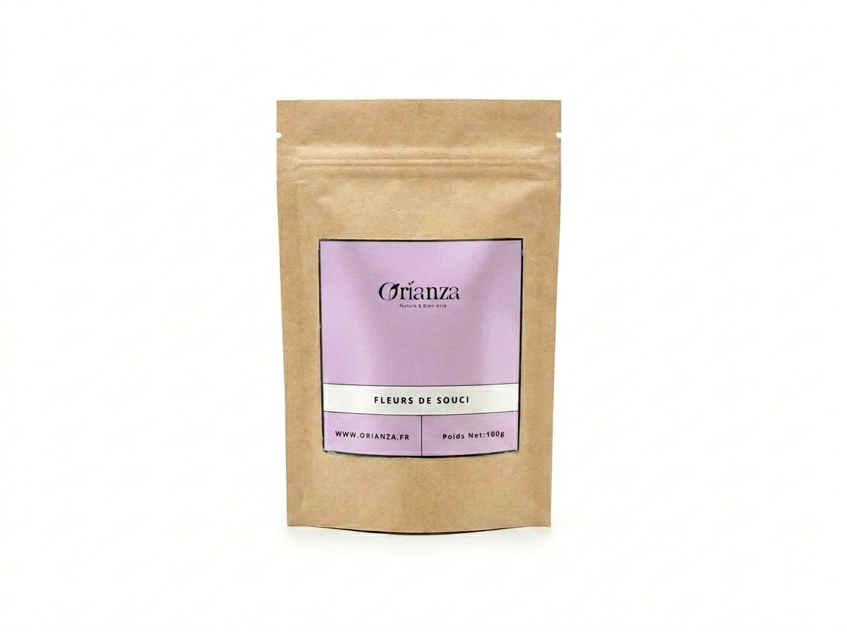 Sachet d'apothicaire transparent de Fleurs de Souci Calendula Orianza Selection, pétales entiers d'un orange éclatant.