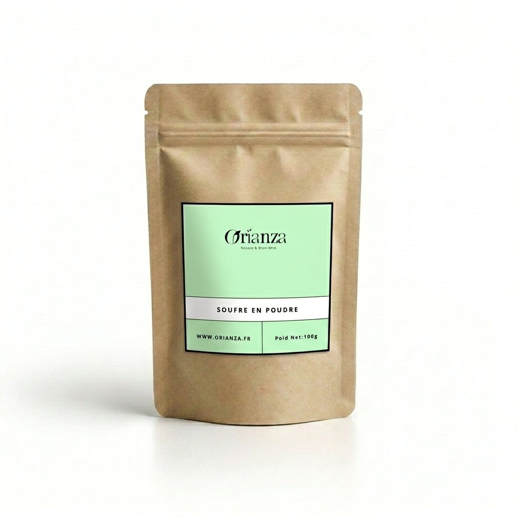 Sachet d'apothicaire en kraft de Fleur de Soufre en Poudre Orianza Selection, soufre pur pour acné et imperfections.