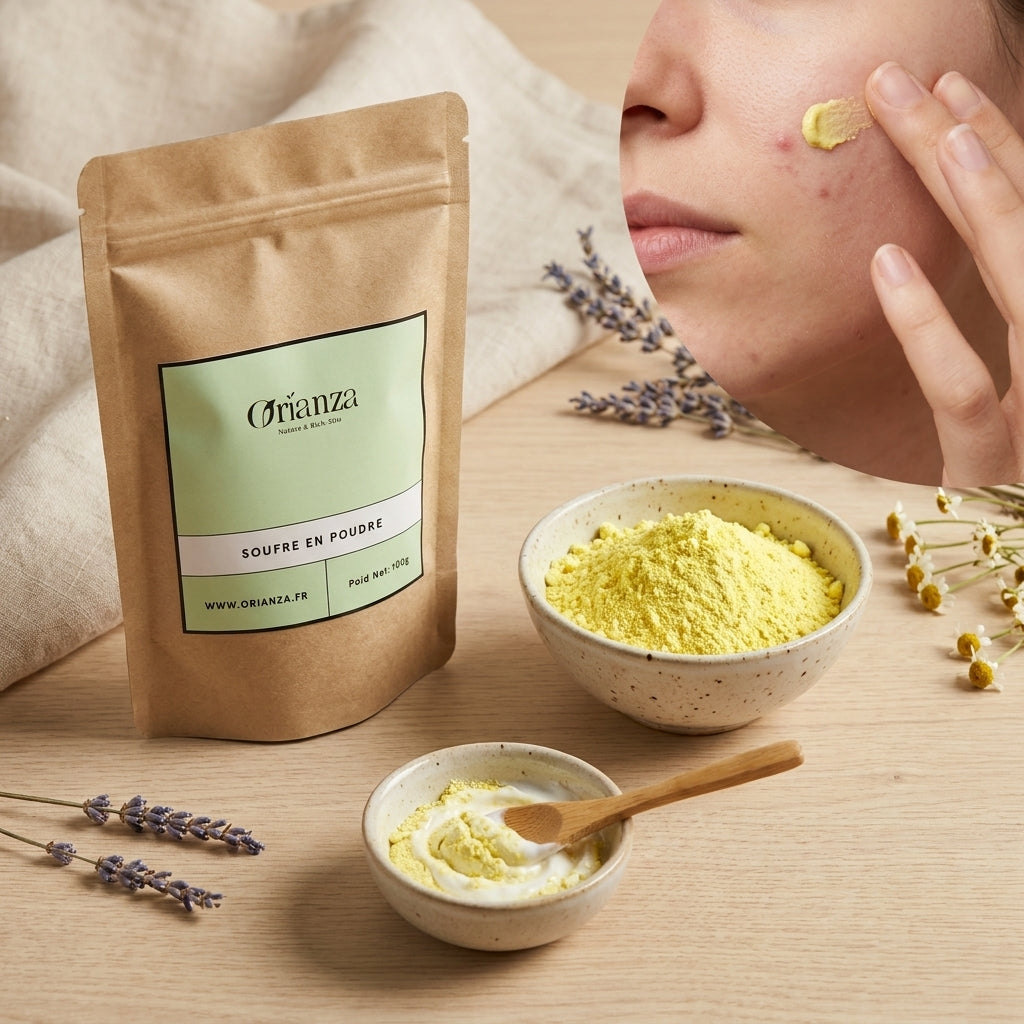 Application locale ciblée d'une pâte de fleur de soufre naturelle d'Orianza pour réguler l'excès de sébum.