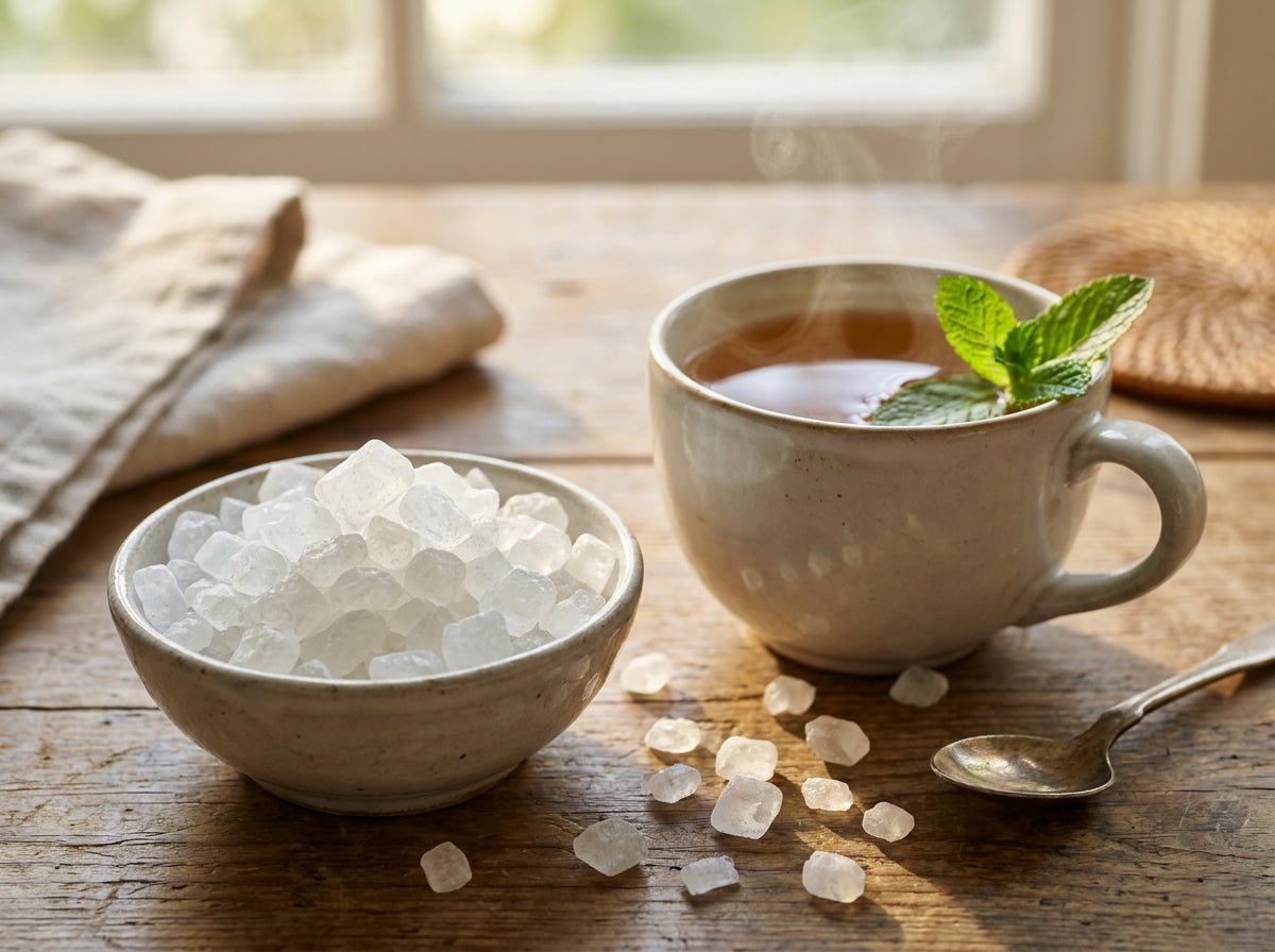Morceau de sucre candi pur fondant lentement dans une tasse de tisane hivernale chaude pour adoucir la gorge.