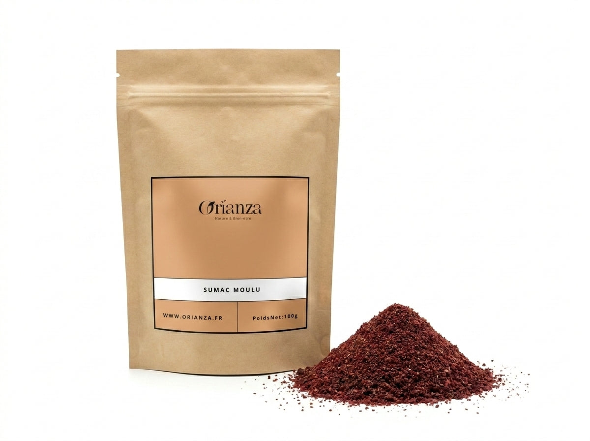Sachet d'apothicaire de Sumac Moulu Premium Orianza Selection, poudre fine pure rouge pourpre acidulée.