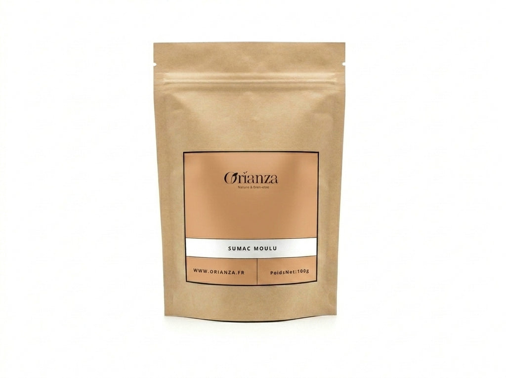 Sachet d'apothicaire de Sumac Moulu Premium Orianza Selection, poudre fine pure rouge pourpre acidulée.