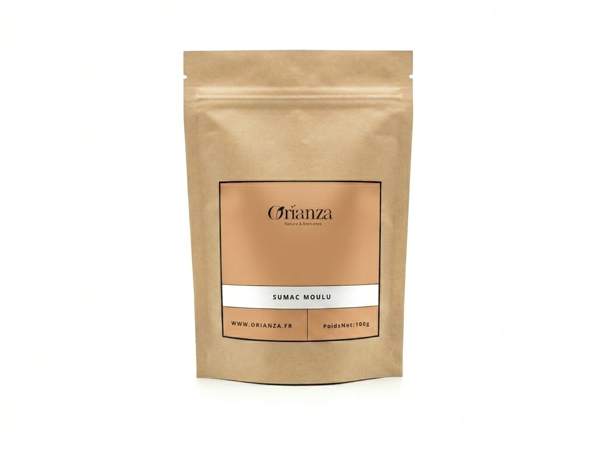 Sachet d'apothicaire de Sumac Moulu Premium Orianza Selection, poudre fine pure rouge pourpre acidulée.