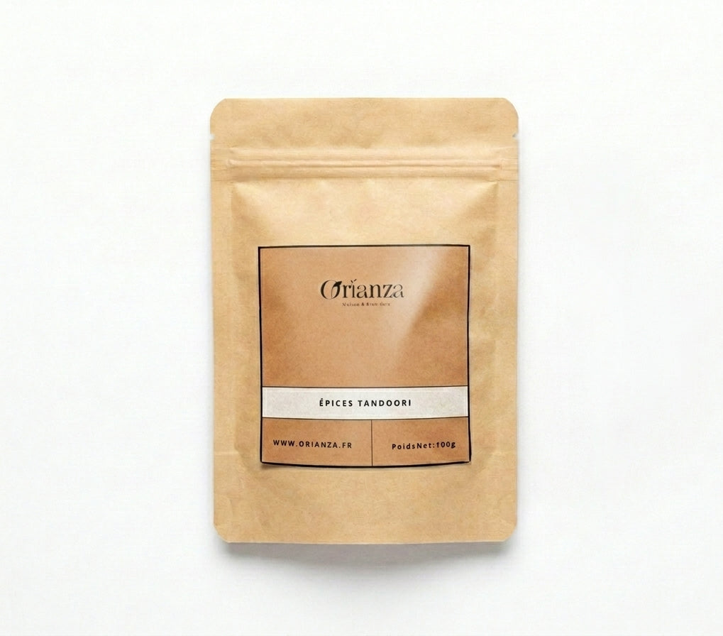 Sachet kraft d'Épices Tandoori Orianza Selection, poudre rouge flamboyante de mélange traditionnel indien.